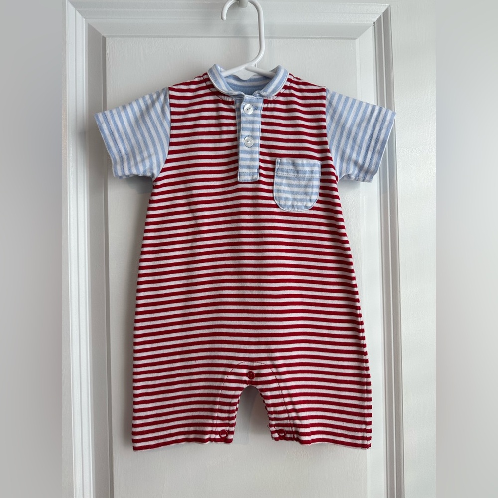 Little English Peter Pan Polo Romper Red and Blue Stripes Size 6 Months